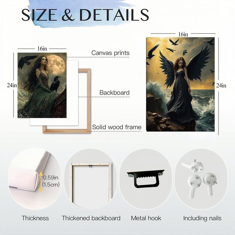 ouiytws Mystic Gothical Wall Art - Dark Fantasy Raven Witch and Black Winged Angel Artwork, Ocean and Moon Theme Canvas Print, Gothic Decor for Bedroom and Living Room, 2 Panels (16"x24" Each)