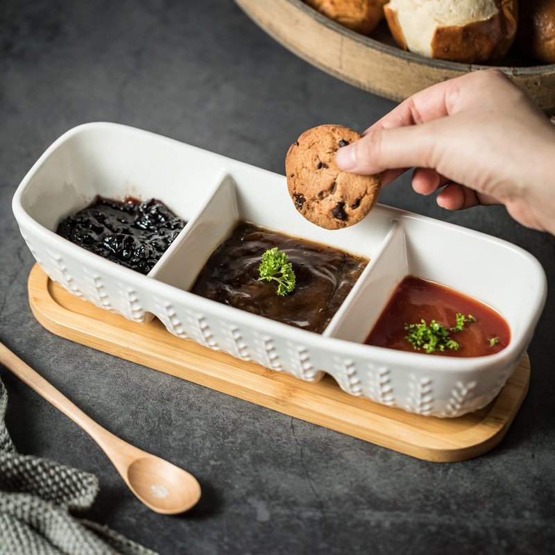 Miamolo 3 Compartment Condiment Tray, Chip and Dip Bowl with Wooden Serving Tray, Perfect for Snacks, Appetizers, Charcuterie, Chips, Candy, 10-inch Chip and Dip Serving Set for Parties