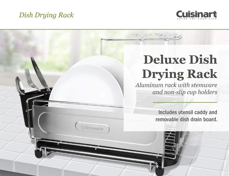 Cuisinart Stainless Steel Dish Drying Rack – Includes Wire Dish Drying Rack, Utensil Caddy, Draining Board, Stemware Holder, and Non-Slip Cup Holders, 14.4” x 12” x 6”- Stainless Steel/Black