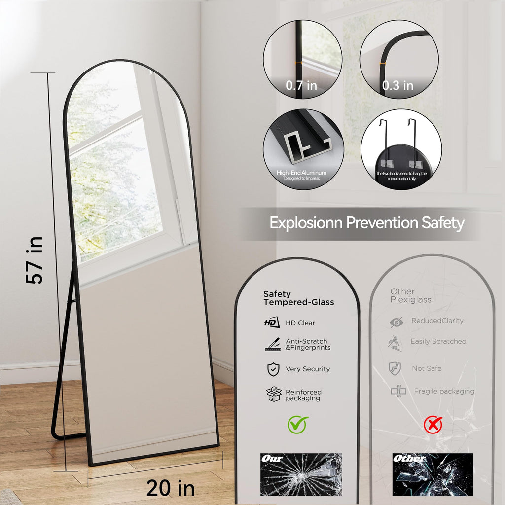 SCWF-GZ 57x20 Door Hanging Full Length Mirror, Floor (Height 5.7ft just Body in1.3ft) or Wall Mounted Metal Frame Arch Dressing Mirrors for Bedroom Bathroom Living Room 57 20 inch Black