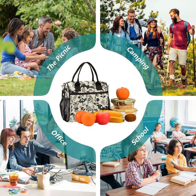 Goth Bat Pattern Lunch Bag & Lunch Box for Women with Adjustable Shoulder Belt Insulated Portable Lunch Tote Bag Cooler Bag for Girls Travel Office Picnic