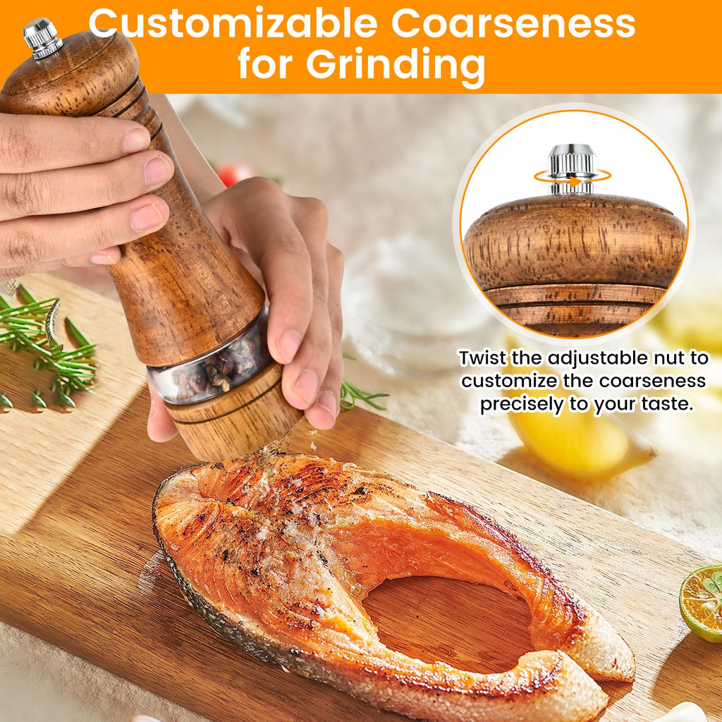 Salt and Pepper Grinder Set, Pepper Grinder，Salt Grinder，Pepper Mill，6 inch Refillable Grinder for Black Pepper，Wooden Salt and Pepper Shakers Set