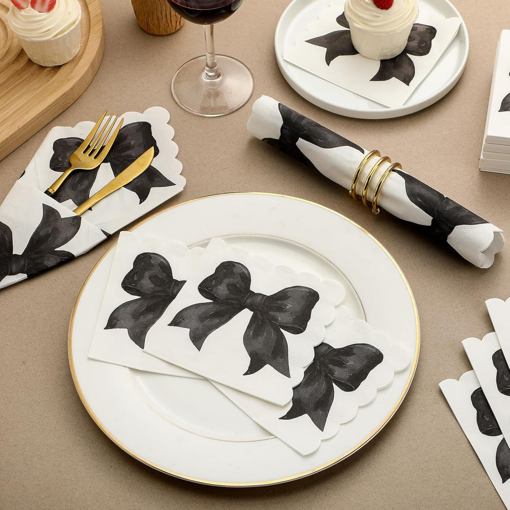 Skyygemm Black Bow Napkins - 150 Pcs Disposable Paper for Bachelorette & Bridal Showers | Coquette Theme Party Decor