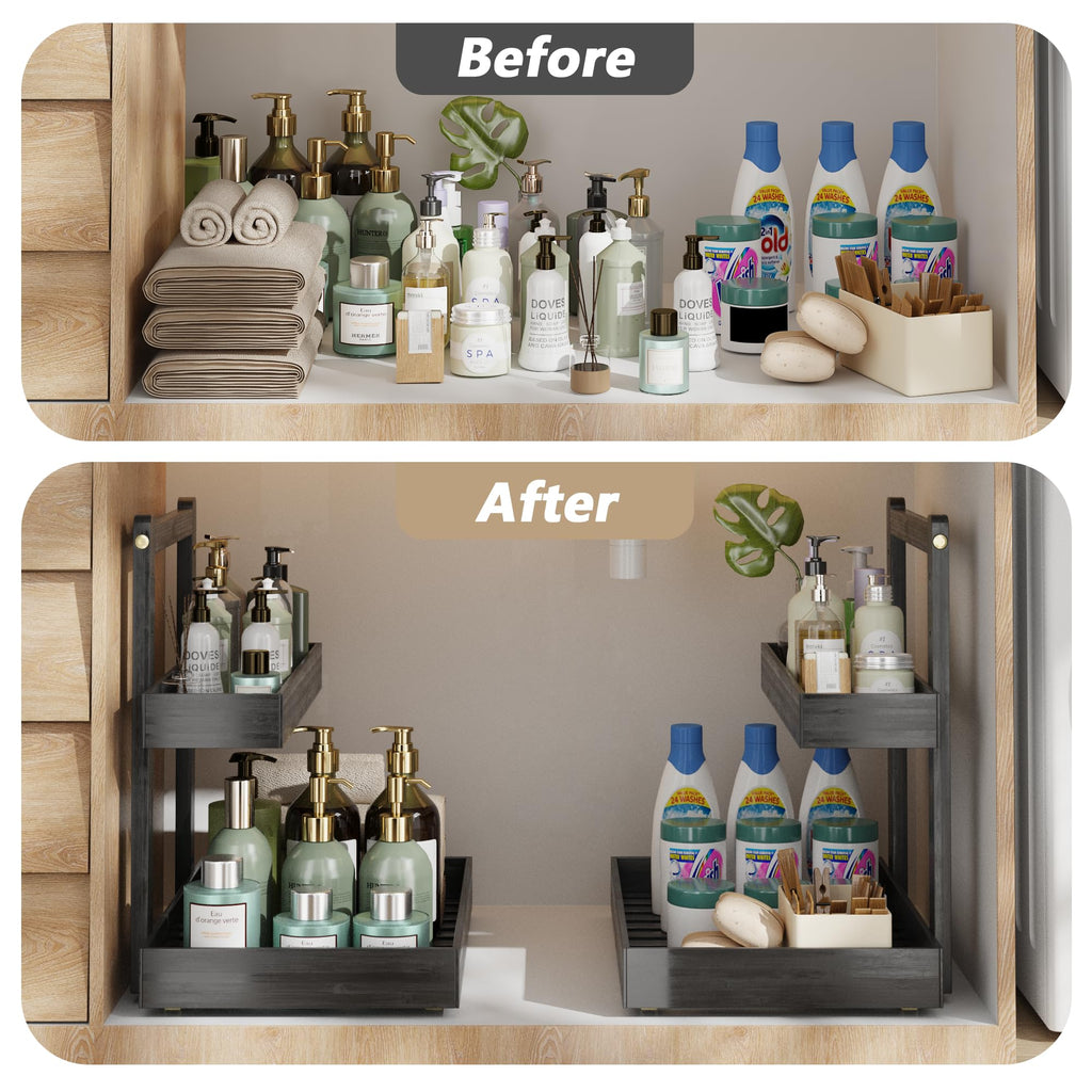 Bamboo Under Sink Organizer and Storage, 2 Tier Pull Out Cabinet Organizer, Slide Out Under Sink Storage Shelf, Undersink Organizers Shelves for Kitchen Bathroom Organization (Black, 2 Packs)