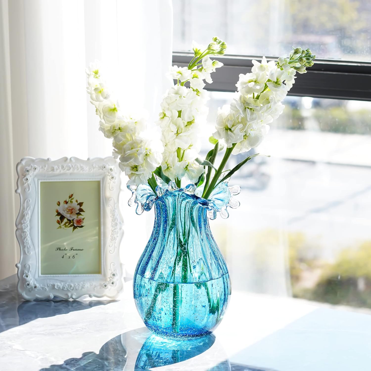 Skiennix 8-Inch Blown Glass Bubble Vase - Modern Art Flower Decor for Home, Office & Weddings - Blue
