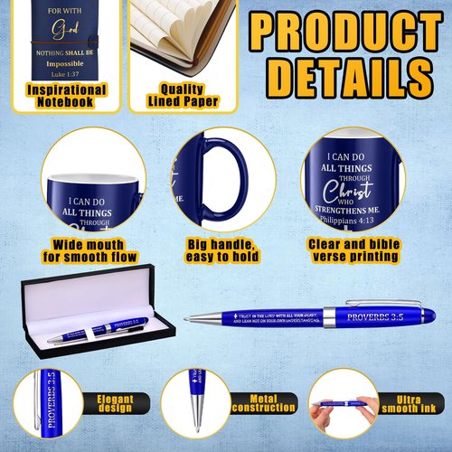 Shellwei 6 Pcs Valentines Christian Gift for Men 11 oz Mug Leather Notebook Religious Metal Bookmark Christian Pen with Box and 1 Refills Greeting Card and Box for Valentines Pastor Appreciation Gifts