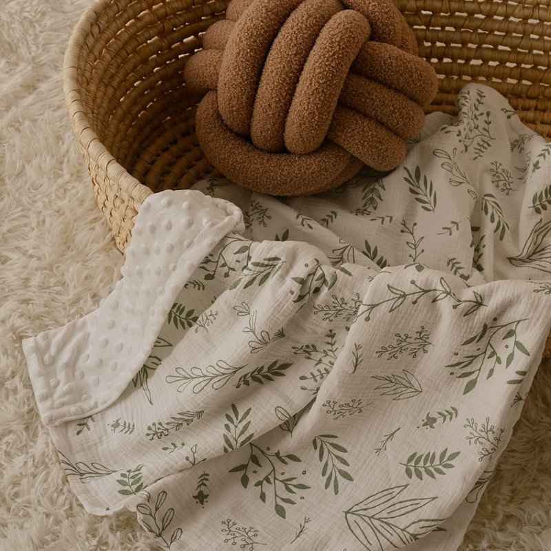 GLLQUEN BABY Blankets for Unisex Boys Girls, 2-Pack Muslin Cotton Front Soft and Breathable, and Dotted Fleece Backing, Nursery Minky Blankets for Toddler Newborn, Green Leaves,30 x 40 inches