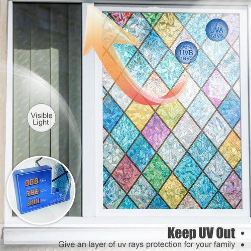Countewol Rainbow Privacy Window Film Stained Glass Window Film That is Adhesive-Free, Residue-Free, Reusable, and Easy to Install with Tools. (Rainbow, 35.4 X 157.4 in)