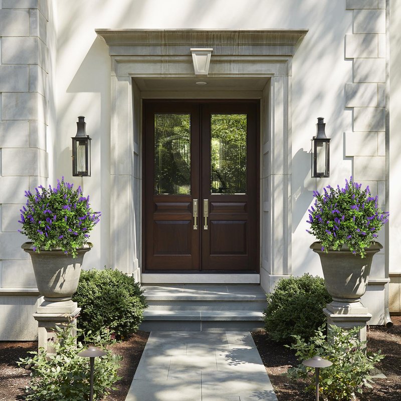 LUWENER 23.6" Artificial Lavender with Boxwood Topiary Ball, 2 Pack UV Resistant Artificial Shrubs，with Ground Spikes, Indoor and Outdoor Fake Evergreen Tree for Porch, Garden, Front Door Decoration