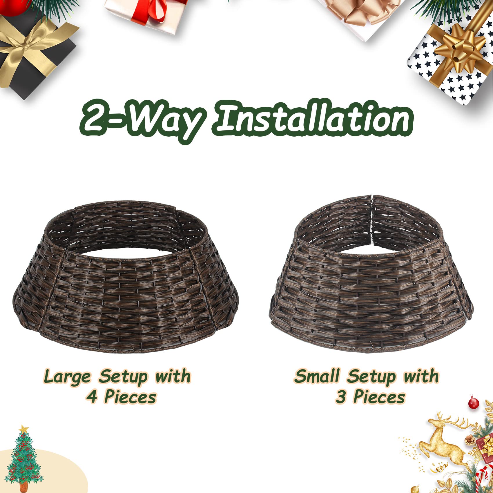 Christmas Tree Collar 23'' D Handmade Artificial Rattan Wicker Tree Collar Basket Christmas Woven Tree Ring Stand Base Cover for Holiday Decoration-Round Brown