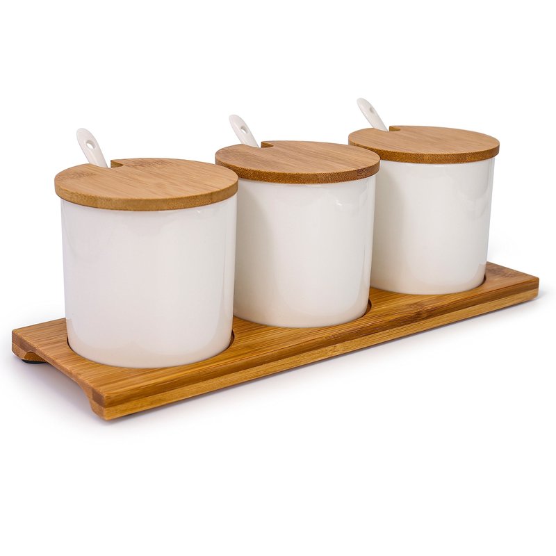Lucky Goddness June Sky Ceramic Food Storage Containers with Bamboo Lid- Modern Design Porcelain Jar- Perfect Canister for Sugar Bowl Serving Tea, Coffee, Spice- Condiment Pot 8 oz, white