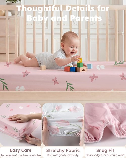Baby Crib Sheets - Soft Breathable Microfiber Fitted Sheets for Standard Crib | 2-Pack Pink Tulips, 52" x 28"