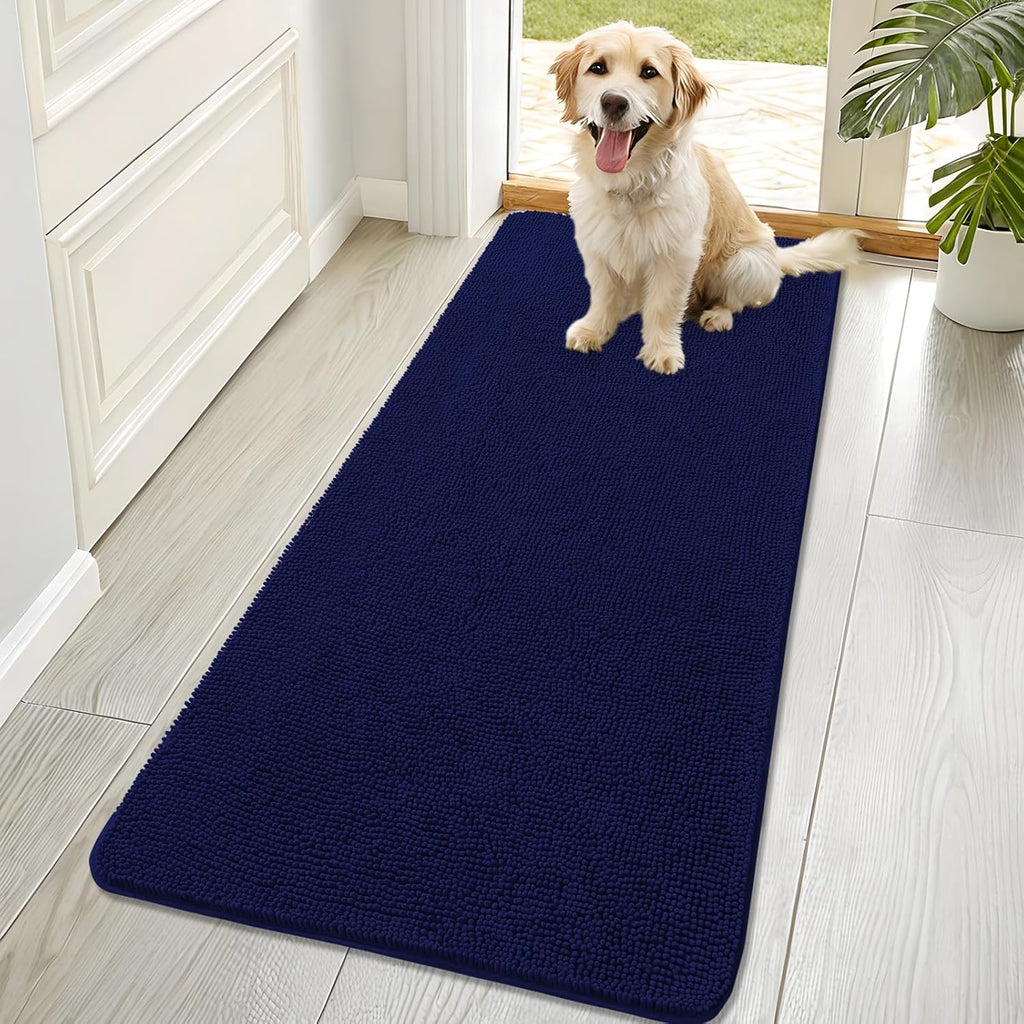 OLANLY Dog Door Mat - Absorbent Non-Slip Mud Mat for Indoor Use | 70x32, Quick Dry Chenille, Navy Blue