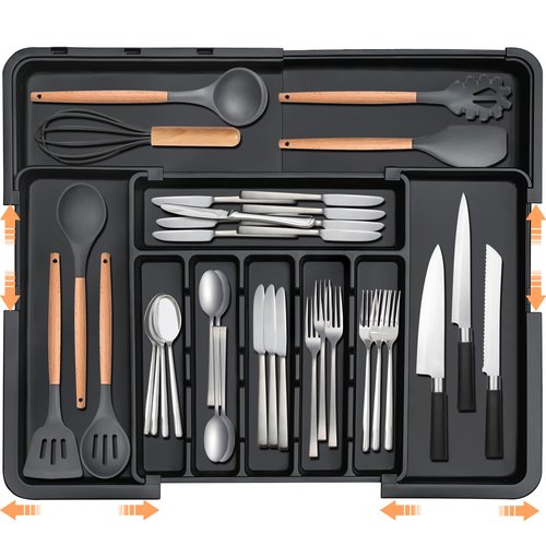 Spaclear Silverware Organizer Expandable Kitchen Utensil Drawer Organizer Large BPA Free Adjustable Cutlery Silverware Tray for Spoons Forks Knives Storage Divider for Kitchen Flatware 6-9 Slots Black