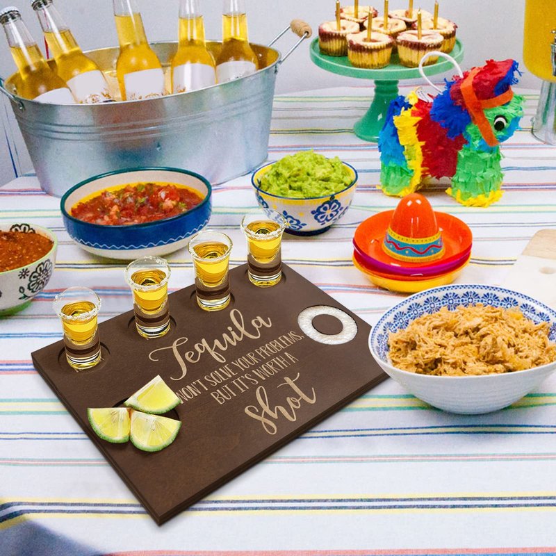 Tequila Gifts for Women and Men - Shot Board and Glass Holder Wooden Bar Tray with Salt Rim - for Liquor, Parties, Weddings, Housewarmings