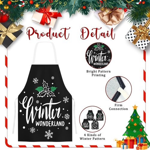 clothmile 4 Pieces Winter Apron Snowflake Bib Apron for Women Adjustable Black Cooking Baking Grilling Bib for Kitchen Witch Decor Gift