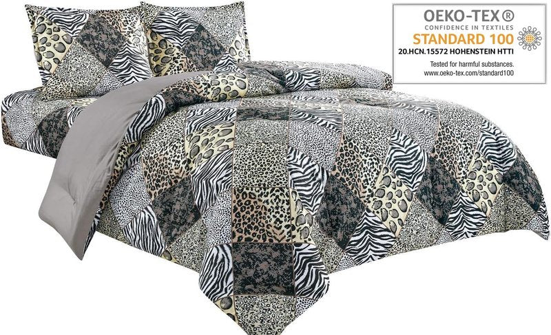 WPM 3 Piece Animal Print Comforter with Pillow Sham, Black White Gray Leopard Zebra Giraffe Jungle Forest Theme Design Queen Size Bedding- Safari (Black, Queen)