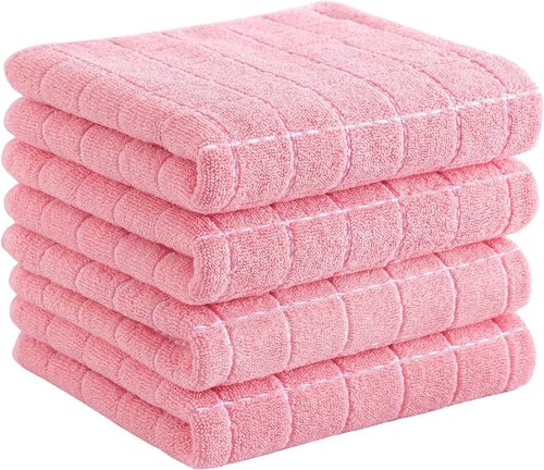 Homaxy 100% Cotton Terry Kitchen Towels - Soft & Super Absorbent Checkered Design | Pink, 13 x 28 Inches, 4 Pack