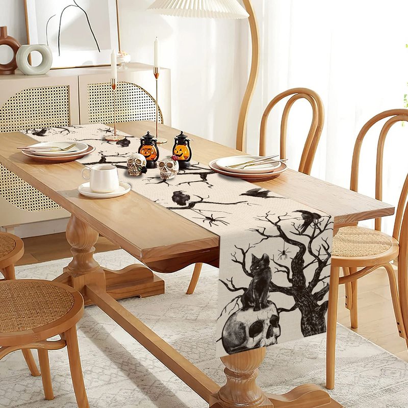 Seliem Halloween Gothic Skull Black Cat Crows Table Runner, Silhouette Tree Branches Spider Kitchen Dining Table Decor, Scary Holiday Home Decoration Indoor Outdoor Party Supply 13 x 108 Inches