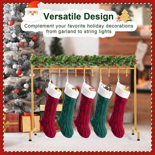 ELYKEN Christmas Stocking Holder, Freestanding Stocking Rack with 12 Removable Hooks, 60 LBS Loading Bearing Stocking Stand, Heavy Duty Metal Tubes with Stable Base and Adjustable Feet, Gold