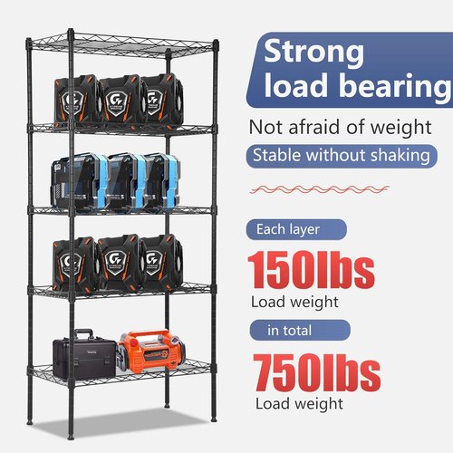 FDW Adjustable 5-Tier Pantry Shelves - Metal Storage Rack for Kitchen & Garage | Black, 22L x 12W x 48H