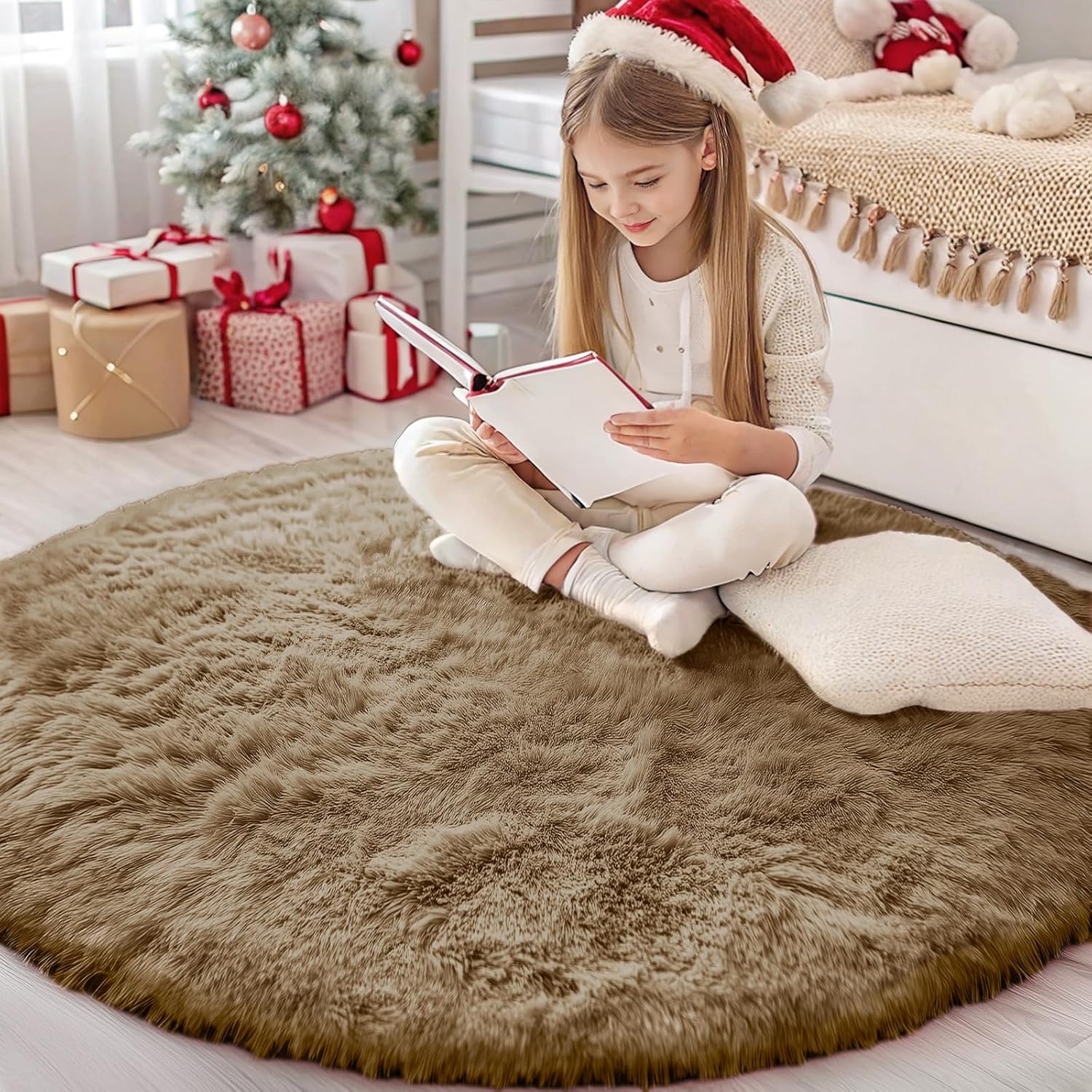 OLANLY Taupe Round Area Rug - Soft, Machine Washable 4 ft Circle Carpet for Bedroom & Living Room Decor