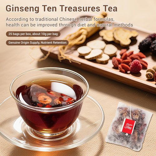 50Pcs Kidney Tea Formula Ginseng Ten Treasure Tea, Traditional Chinese Herbal Tea Bags, Natural Ginseng & Mulberry Herbal Tea, Kidney Cleanse Detox & Repair Tea for Men Women, 10 Precious Ingredients Formula (2 Pack/50 Bags)