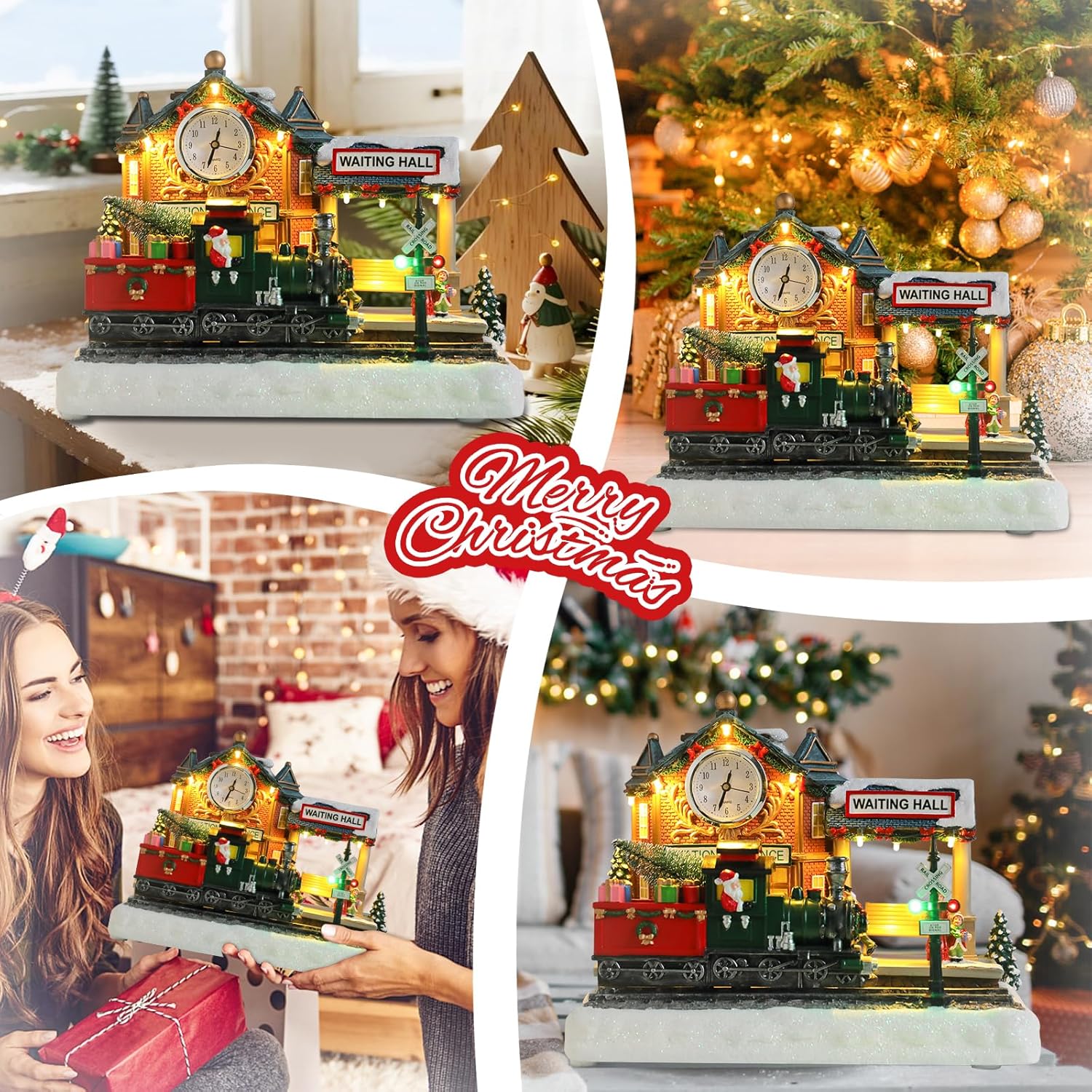 VCUTEKA Lighted Animated Christmas Village Train Station | Musical Santa Decor for Holiday Display