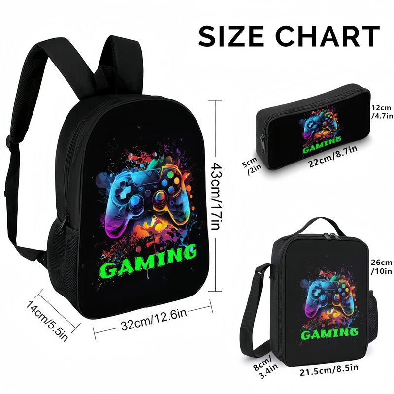 NELAGTR 3-Pcs Backpack School Bag Set For Boys And Girls Travel Study Backpack And Lunch Box And Pencil Bag (Game Backpack)