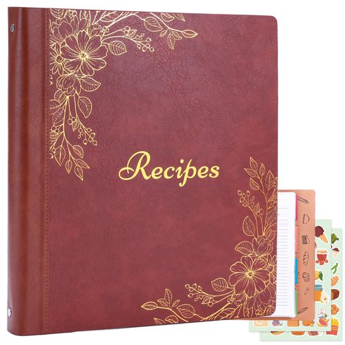 Recipe Binder with PU Leather Cover, Full Page Recipe Book to Write in Your Own Recipes, 8.5x11 3 Ring Recipe Journal with Plastic Sleeves, Blank Cards, Dividers, Labels & Stickers