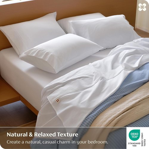 Bedsure 100% Washed Cotton Percale Sheets - Soft & Breathable 6-Piece Queen Set with 18" Deep Pockets (White)