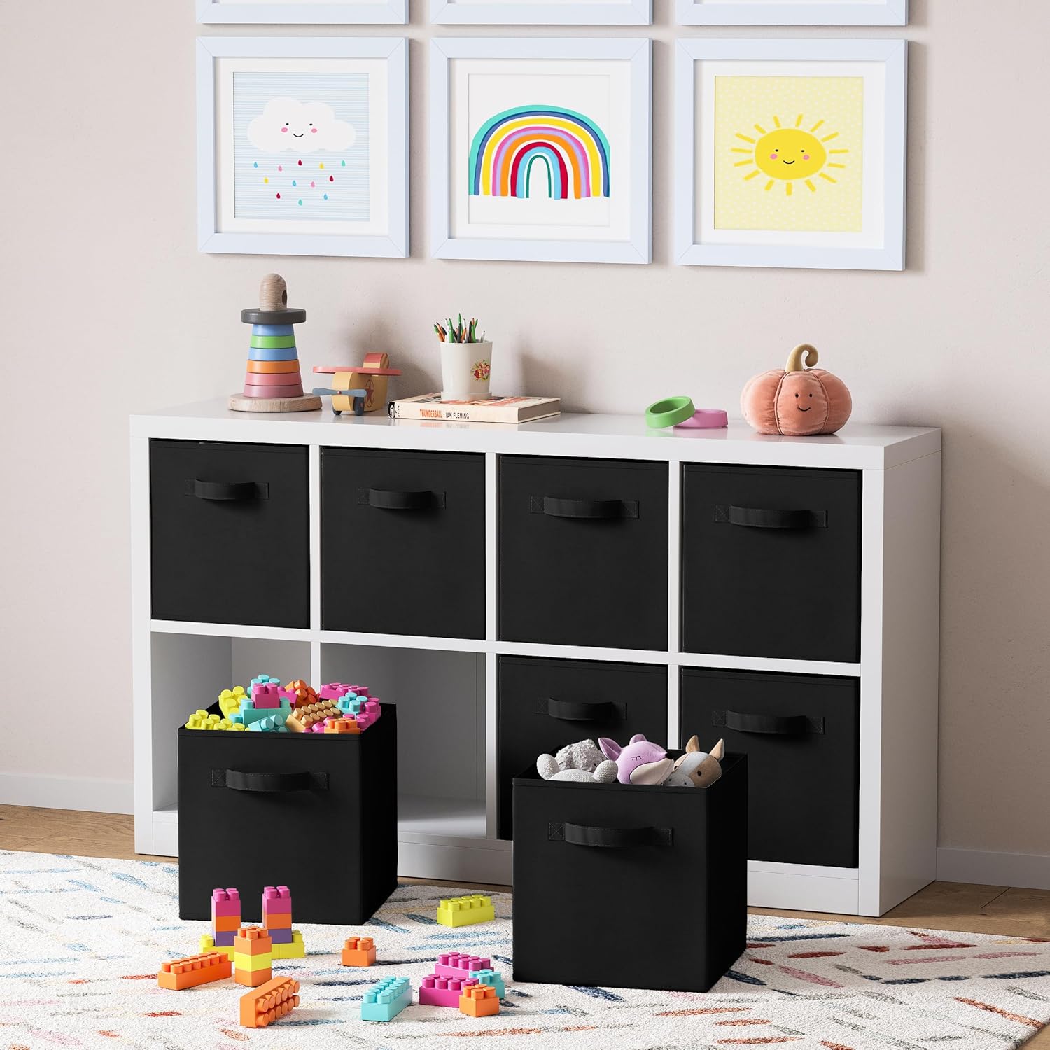 Storage Cubes by [Brand Name] - Pack of 8 Standard Size Fabric Bins 10.5x10.5x11 - Collapsible with Dual Handles (Black)
