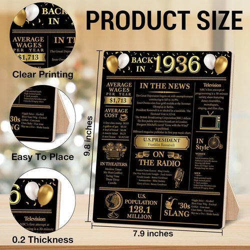 Back In 1936 | 90th Birthday Party Decorations - Black and Gold Wooden Sign for Men & Women