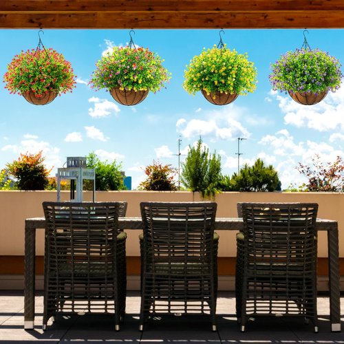 Lyrow 4 Pack Artificial Hanging Flowers with Baskets Outdoors Faux Flowers with 12 Inch Coconut Lining Baskets Realistic Artificial Hanging Plants for Patio Lawn Garden Decor