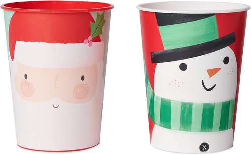 American Greetings Reusable Plastic Cups - 8-Count, 16 oz. Christmas Party Supplies with Santa & Snowman Design