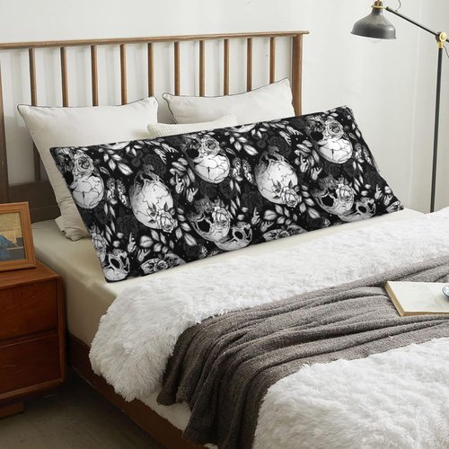 Black White Flower Sugar Skull Body Pillow Cover Pillowcase for Adults Women Men Long Body Pillow Case Cover with Zipper One Size