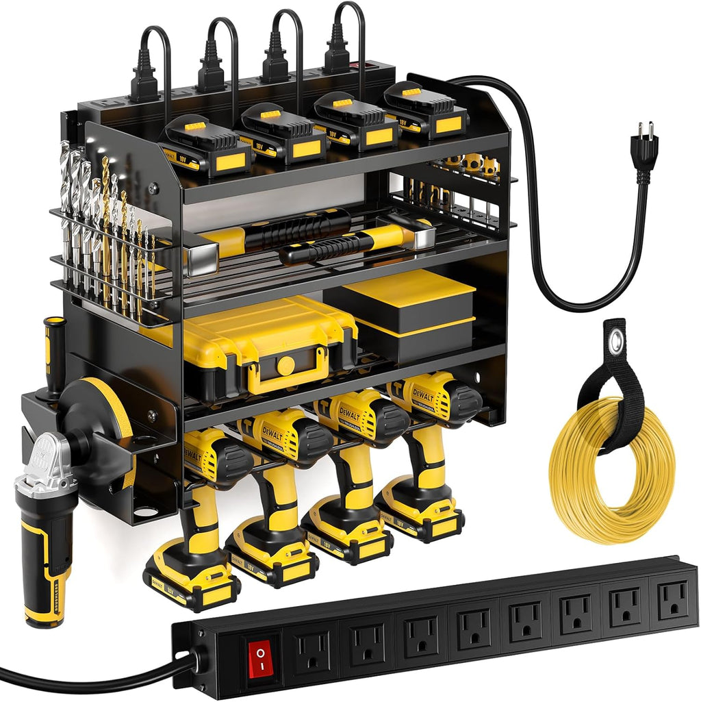 POKIPO Power Tool Organizer - Heavy-Duty Wall Mount Storage Rack with Charging Station & 8 Outlet Power Strip | 6.56 Ft Cord