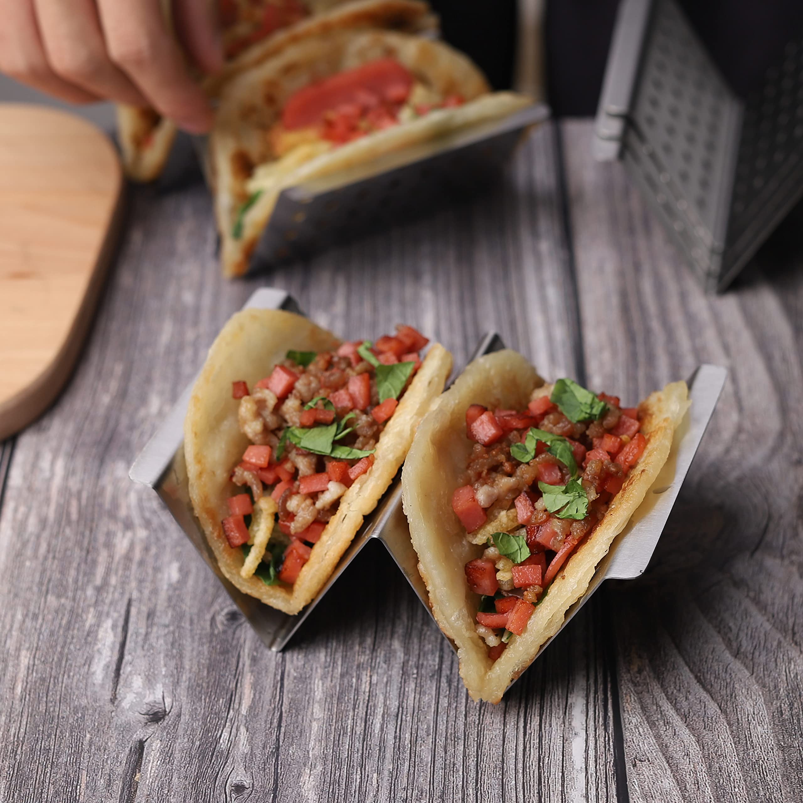 YellRin Stainless Steel Taco Holder Stands Set of 6 - Each Rack Holds 2 Soft & Hard Shell Tacos for Shell Holder, Tray, Oven, Grill