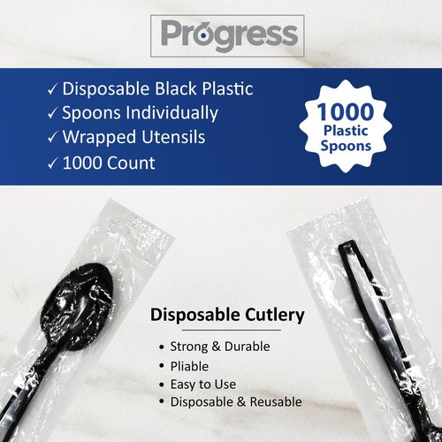 Progress Plastic Cutlery Individually Wrapped Spoons Heavy Duty Disposable [1000 Count- Bulk ] Strong & Durable Black for BBQ Party Supplies Restaurants Office all events Plasticware Disposable Spoons