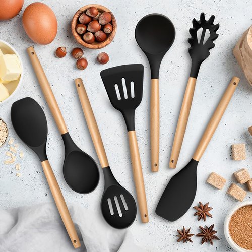TeamFar Cooking Utensils Set of 7, Silicone Kitchen Utensils Set with Wooden Handles, Heatproof Kitchen Tools for Cooking Turning Serving, Non-stick Cookware Safe, Non-toxic & Non Scratch– Black