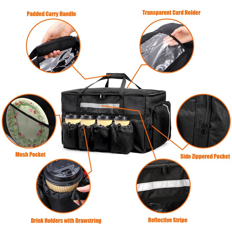 Foraineam Insulated Food Delivery Bag with 4 Cup Holders/Drink Carriers, Large Catering Thermal Bag, Pizza Warmer Carrying Case, Insulated Hot & Cooler Bags for Beverages, Grocery, Food Transport