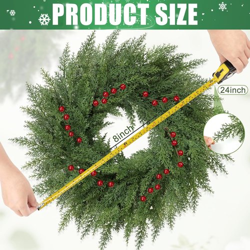 Lush Christmas Wreath - 24-Inch Real Touch Faux Cedar with Red Berries | Indoor/Outdoor Holiday Decor