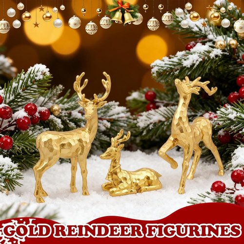 Exasinine Gold Reindeer Decor - 3 PCS Christmas Figurines for Holiday Indoor Decorations | Centerpieces & Ornaments