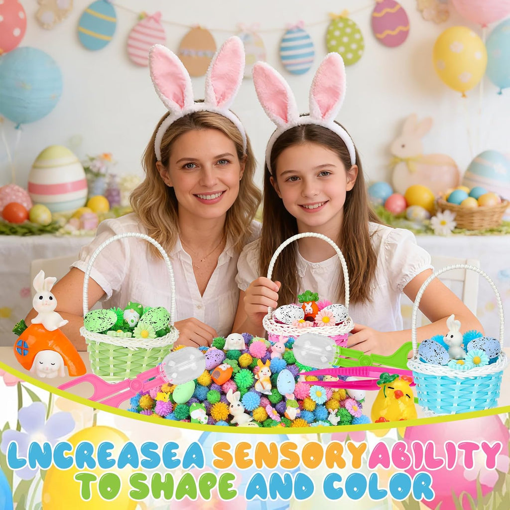 Spring Sensory Bin Filler by Easter - 287 Pcs with Eggs, Bunnies, Felt Flowers & Pom Poms for Counting & Sorting