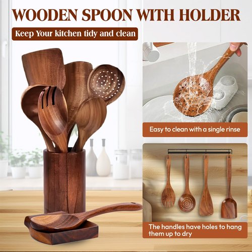KitchenClick 9-Piece Wooden Spoons for Cooking – Teak Wooden Utensil Set with Hooks, Spoon Rest, Holder & Gloves, Nonstick & Heat-Resistant Wooden Cooking Utensils, Durable Spoon Set for Kitchen