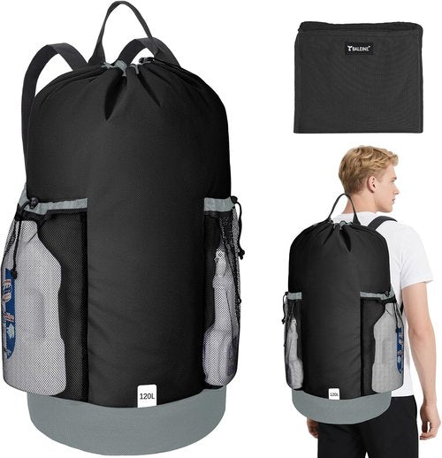 BALEINE 120L Laundry Bag Backpack - Durable 900D Oxford Fabric with Shoulder Straps & 2 Mesh Pockets | Black