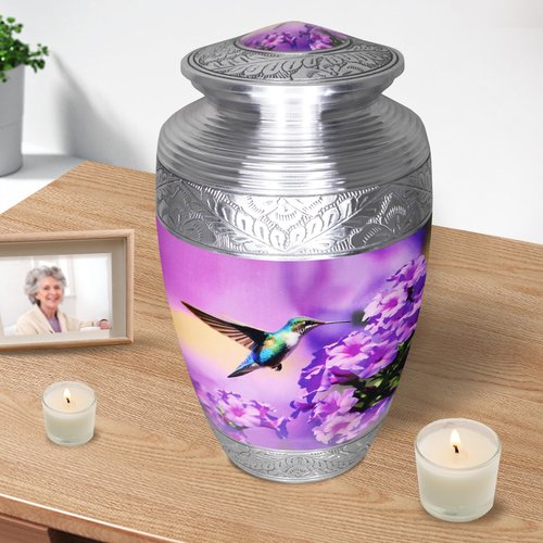 M MEILINXU Urn for Ashes for Women & Man, Cremation Urns for Human Ashes Adult Female & Male, Funeral Decorative, Engraving Urn, Purple Flower and Hummingbird - Large Full Size