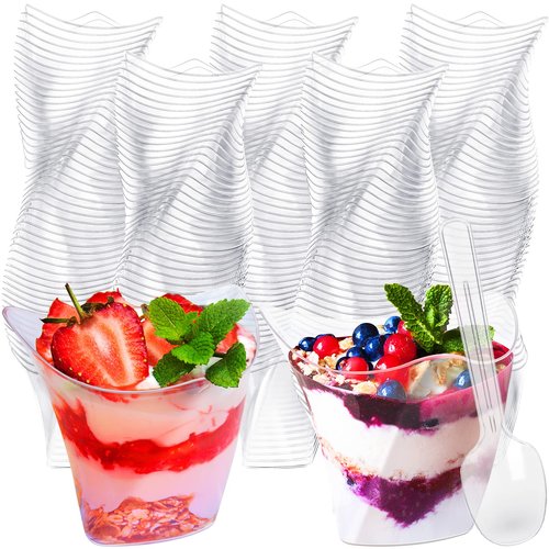 Honeydak 100 Pcs Plastic Dessert Cups without Lids 4.5 oz with Spoons Mini Clear Disposable Trifle Mousse Dessert Cups Triangular Parfait Appetizers Tumbler Pudding Fruit Serve for Party