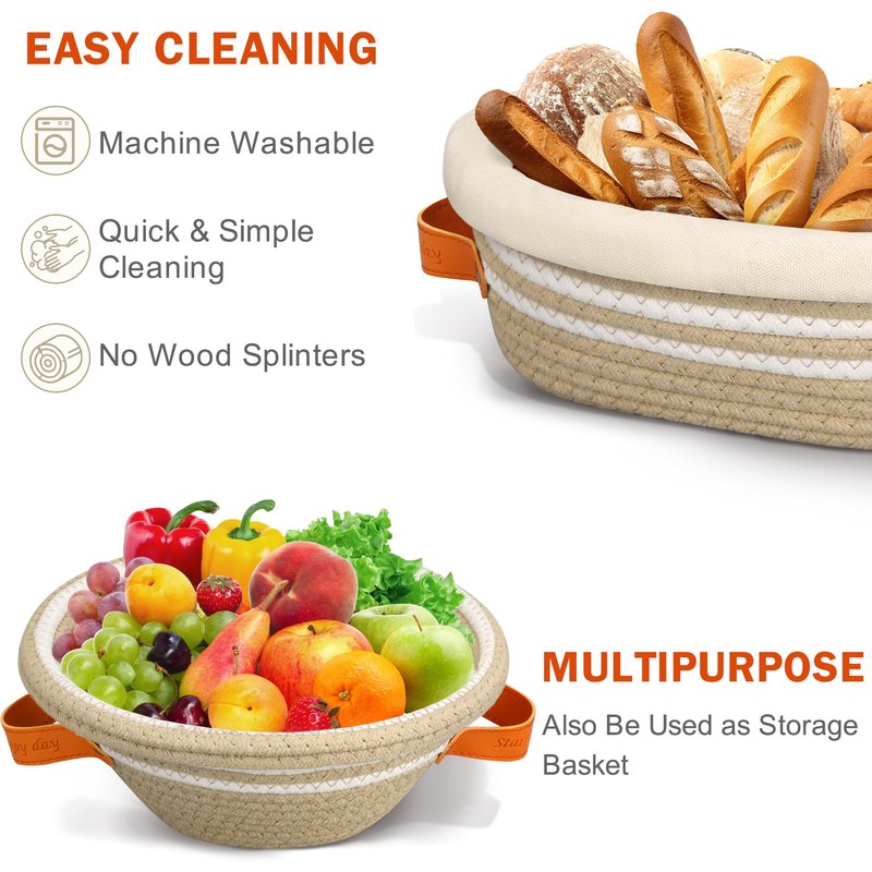 Reeple Banneton Sourdough Bread Proofing Basket Set of 2, Oval & Round Cotton Rope Bread Supplies Proofing Bowls with Liners and Covers for Sourdough Bread Baking