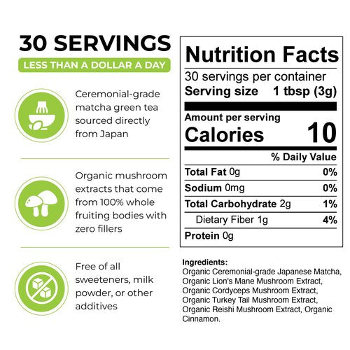 Inner Elevate Mushroom Matcha - Organic, Ceremonial-Grade Matcha Powder with 4 Superfood Mushrooms - Adaptogenic Mushroom Tea Drink with Lion's Mane, Cordyceps, Turkey Tail, Reishi (30 Servings)
